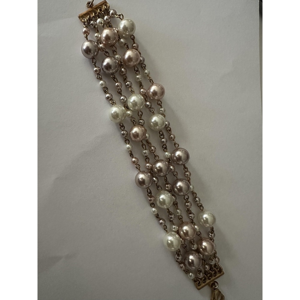 Gold Tone Multicolor Faux‎ Pearl Beaded Chain Bracelet Womens 7.5 Inch Lobster